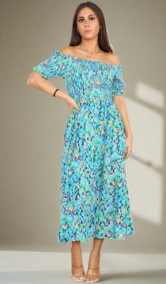 Shirred Abstract Print Midi Dress